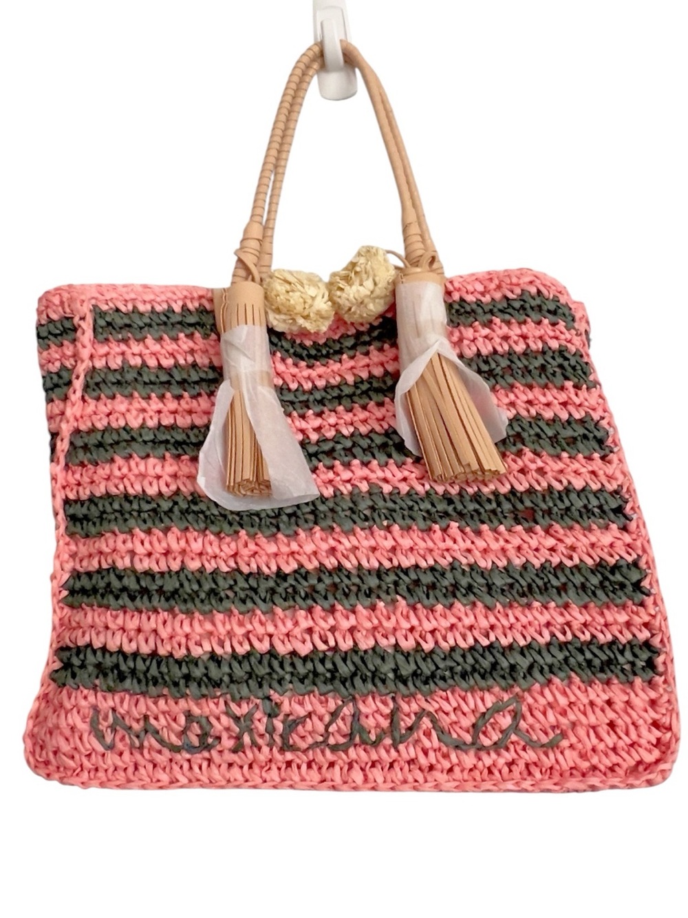 Isabella Bird Mexicana Woven Raffia Straw Striped Tote Bag Tassel Pink Teal